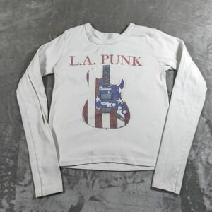 John Galt LA Punk Shirt Womens Small White Guitar Long Sleeve Crop American Flag